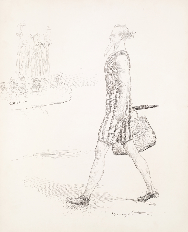 Uncle Sam in a bathing suit walks along a beach by Homer Davenport