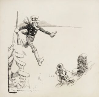 Uncle Sam runs to stop a small man, representing Canada, who is moving the 1825 Alaska Boundary Monument. by William Henry Walker