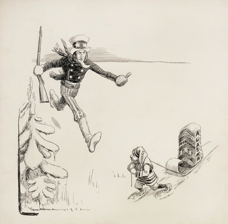 Uncle Sam runs to stop a small man, representing Canada, who is moving the 1825 Alaska Boundary Monument. by William Henry Walker