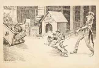 Uncle Sam with U.S. Custom Officials depicted as attack dogs, confronting passengers as they disembark from a ship after a world cruise. by William Henry Walker