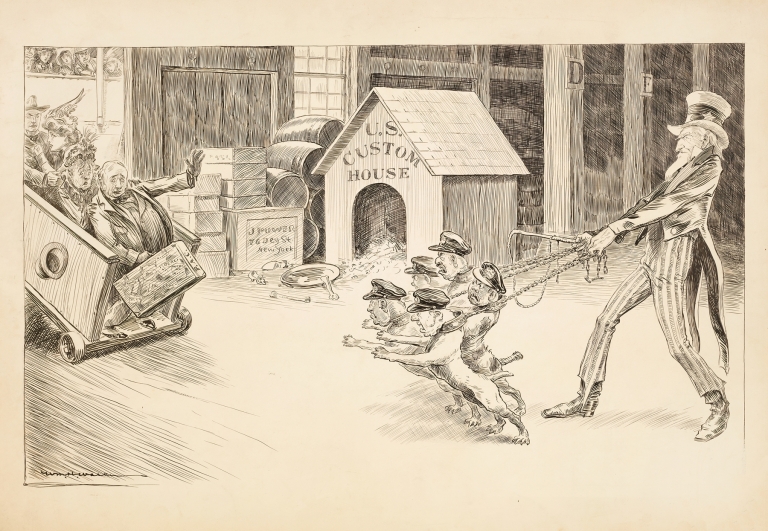 Uncle Sam with U.S. Custom Officials depicted as attack dogs, confronting passengers as they disembark from a ship after a world cruise. by William Henry Walker