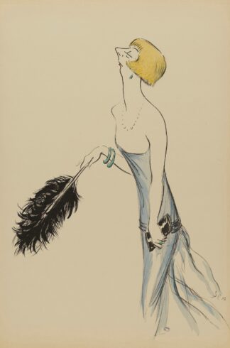 une femme en robe bleue tenant une plume d’autruche noire by Georges Goursat (Sem)