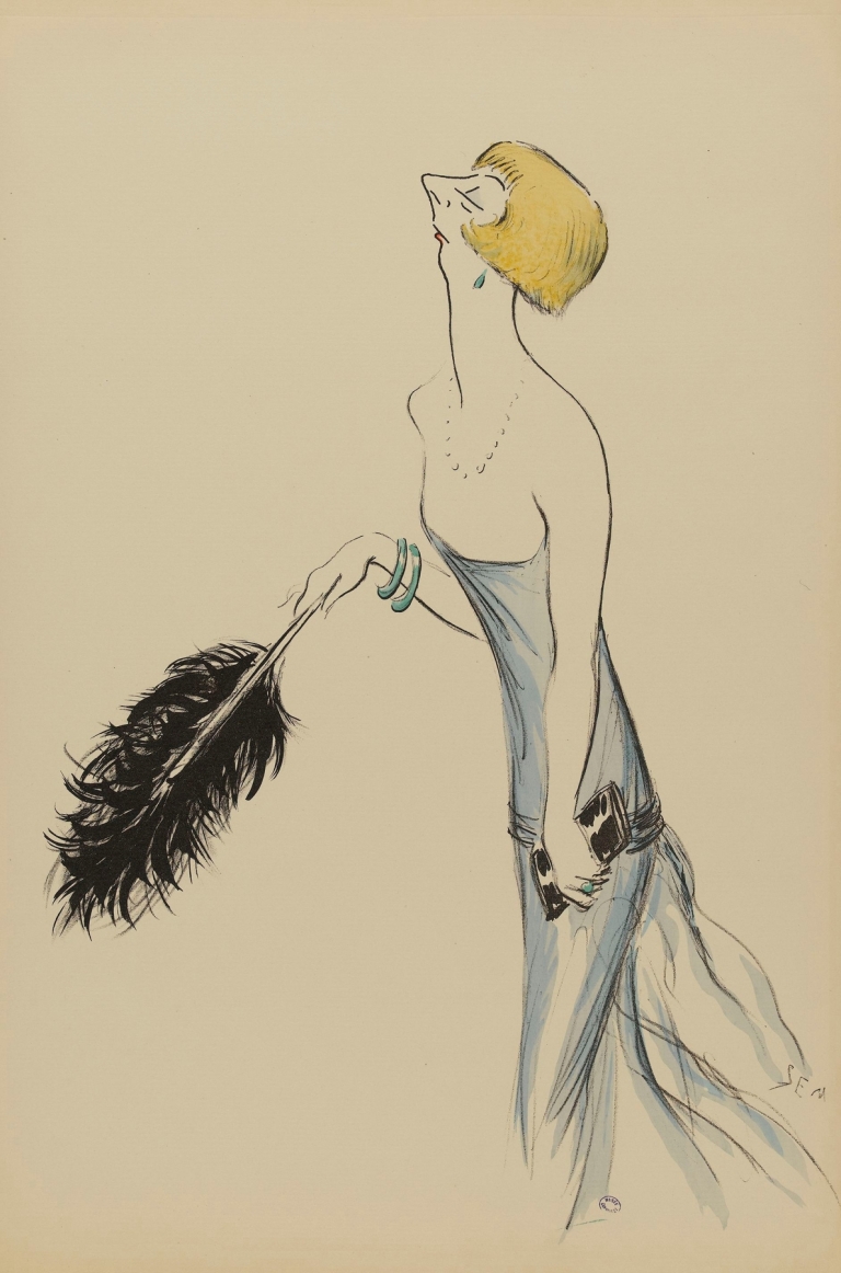 une femme en robe bleue tenant une plume d’autruche noire by Georges Goursat (Sem)