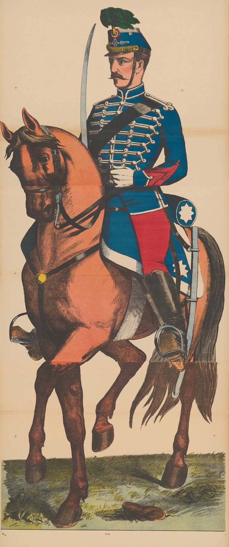 Unidentified French Hussar in uniform with sword on horseback by René Ackermann