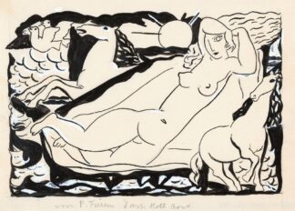 Venus Vignet voor boek ‘L’art Hollandais contemporain’ van Paul Fierens; liggend naakt met daarbij afgebeeld twee paarden en twee duiven by Leo Gestel
