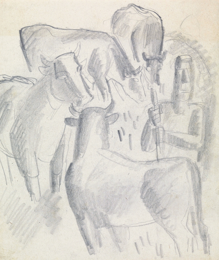 Vier koeien en een boer by Leo Gestel