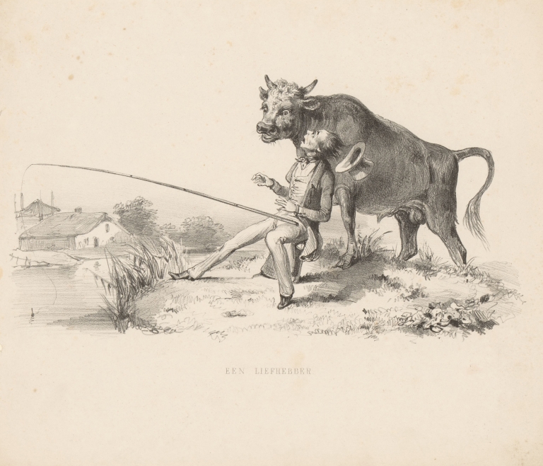 Visser schrikt van stier by Alexander Ver Huell