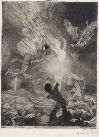 Vlam in de vorm van een vrouw, met daaromheen mannen met vleugels die zich branden en neerstorten by Marcel Roux