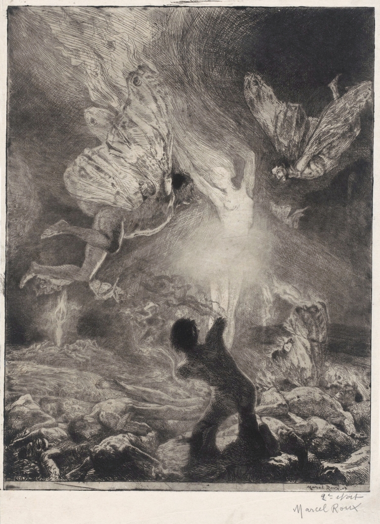 Vlam in de vorm van een vrouw, met daaromheen mannen met vleugels die zich branden en neerstorten by Marcel Roux