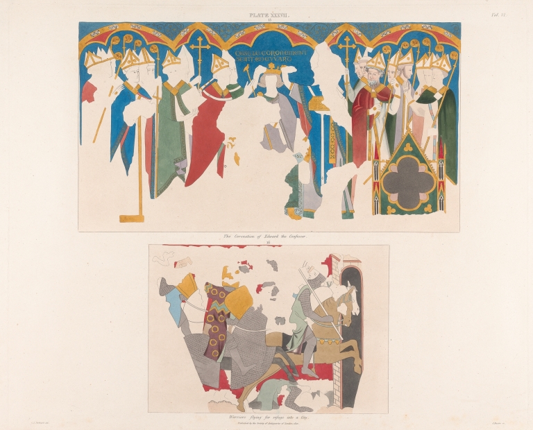 Vol. 6, Plate XXXVII: The Coronation of Edward the Confessor. Warriors Flying for Refuge into a City. by Charles Alfred Stothard