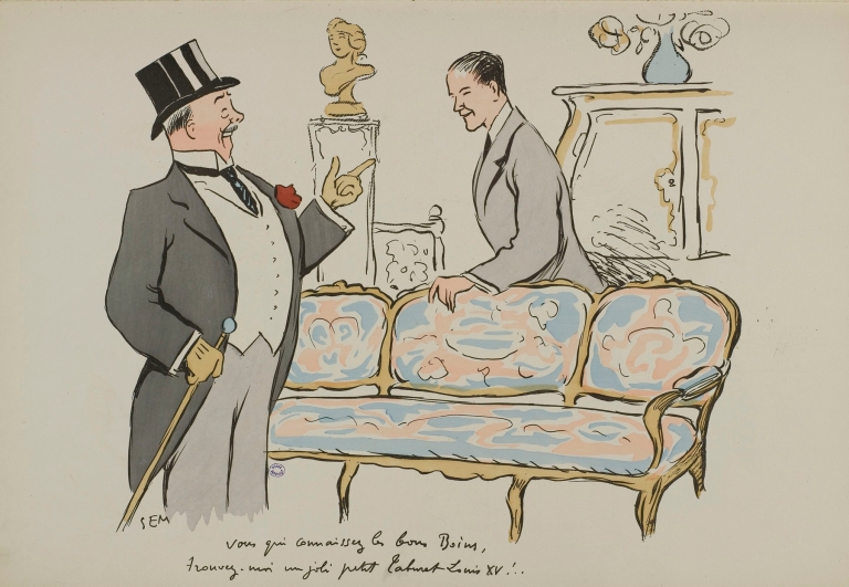 Vous qui connaissez les bons Boins, trouvez-moi un joli petit tabouret Louis XV ! by Georges Goursat (Sem)