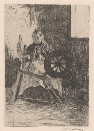 Vrouw achter een spinnewiel by Willem Adrianus Grondhout
