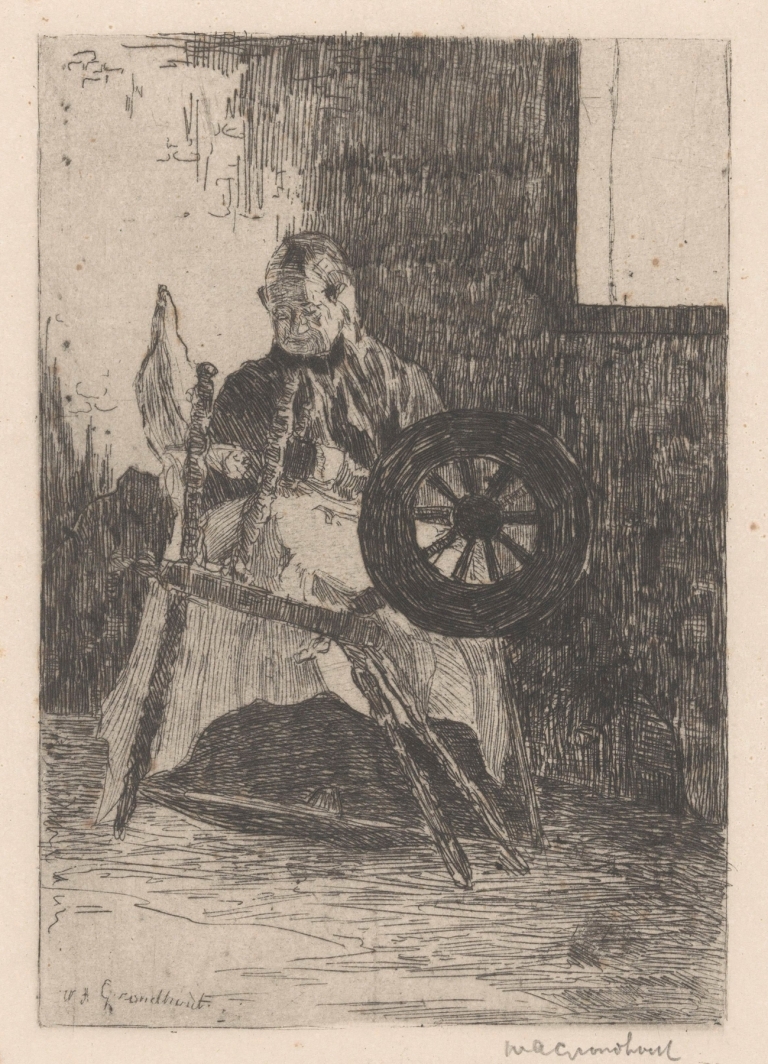 Vrouw achter een spinnewiel by Willem Adrianus Grondhout