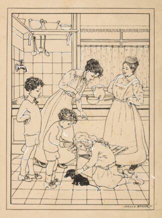 Vrouwen en kinderen met een puppy in een keuken by Nelly Spoor