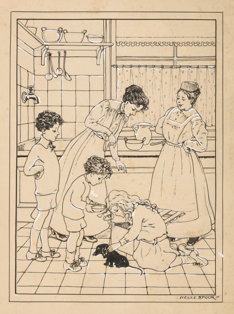 Vrouwen en kinderen met een puppy in een keuken by Nelly Spoor