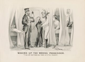 Waking up the wrong passenger; ‘I say old man! keep your hooks out of my trousers.’ by Currier & Ives.
