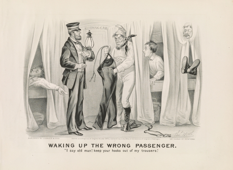 Waking up the wrong passenger; ‘I say old man! keep your hooks out of my trousers.’ by Currier & Ives.