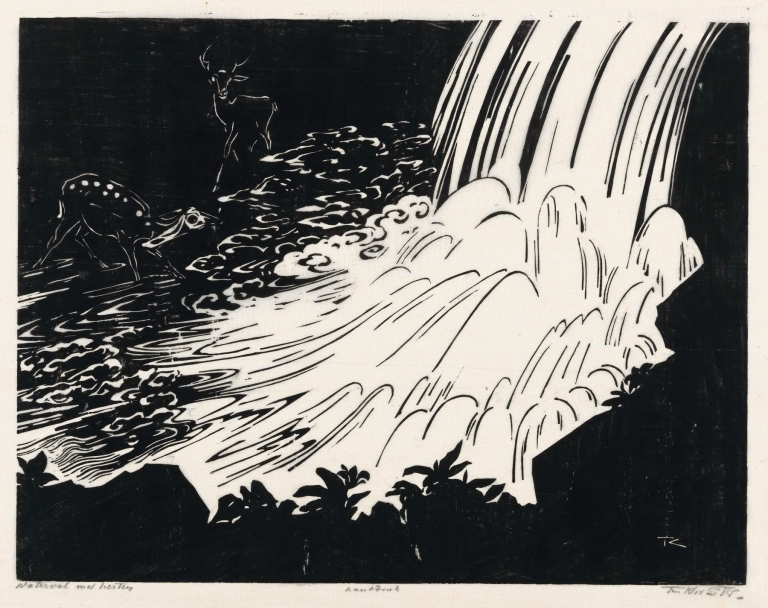 Waterval met herten by Johannes Frederik Engelbert ten Klooster