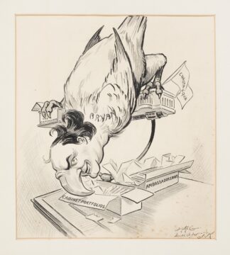 William Jennings Bryan, depicted as a bird, stands on a perch made from buildings representing Chautauqua and the Commoner by Louis Glackens
