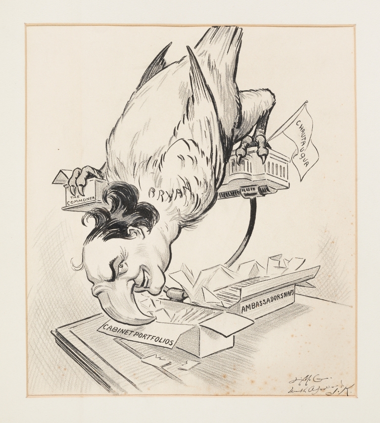 William Jennings Bryan, depicted as a bird, stands on a perch made from buildings representing Chautauqua and the Commoner by Louis Glackens