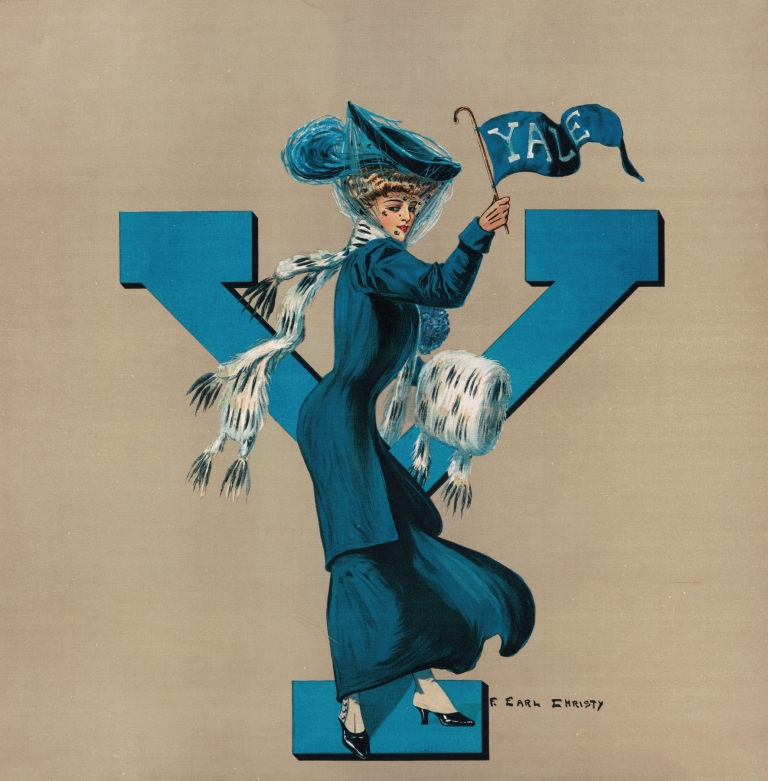 Woman holding Yale flag standing in front of giant Y by F. Earl Christy
