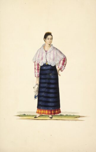 Woman in blue apron, plaid skirt, pink and white striped shirt, white shawl; holding scarf by Justiniano Asuncion