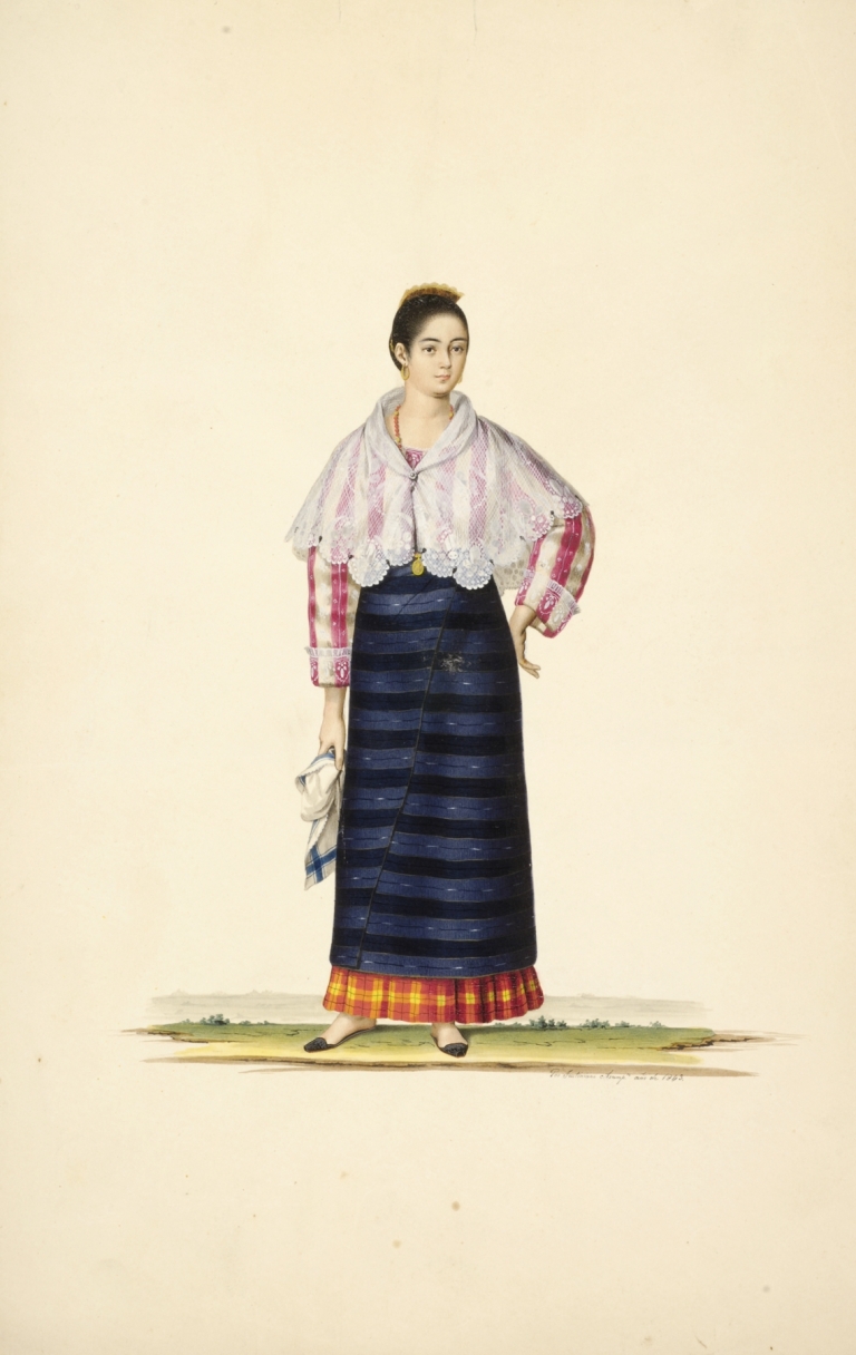 Woman in blue apron, plaid skirt, pink and white striped shirt, white shawl; holding scarf by Justiniano Asuncion