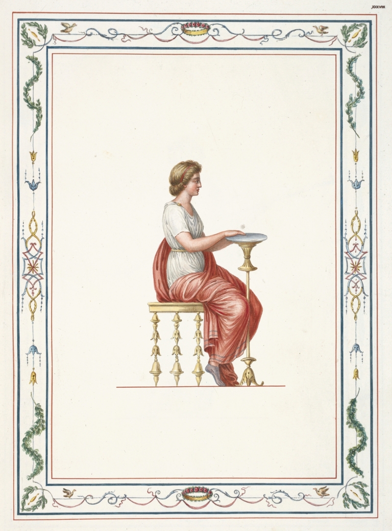 Woman in classical dress sitting at small table. by Pierre-Jean Mariette
