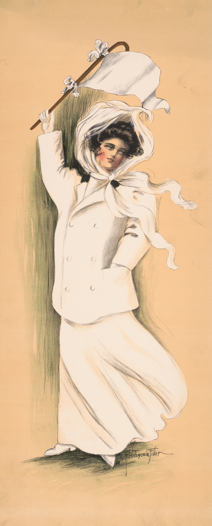 Woman in white dress and coat waving white flag by Eugenia Fidler