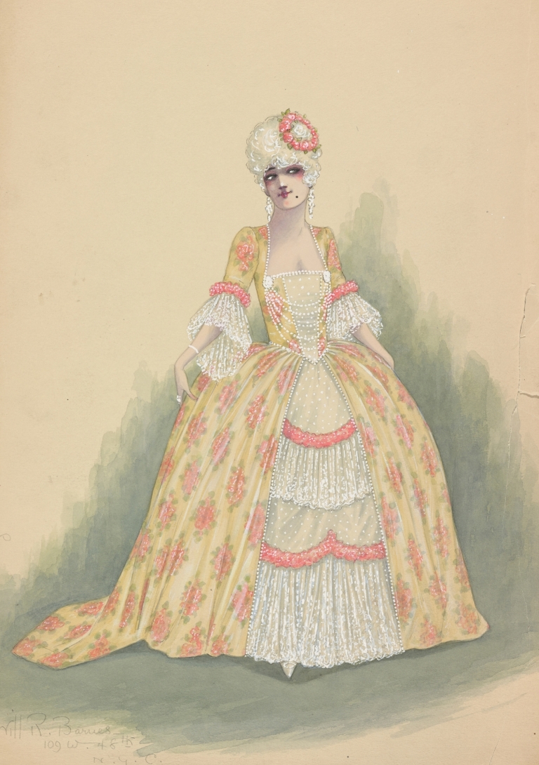 Woman in yellow, white, and pink dress by Will R. Barnes