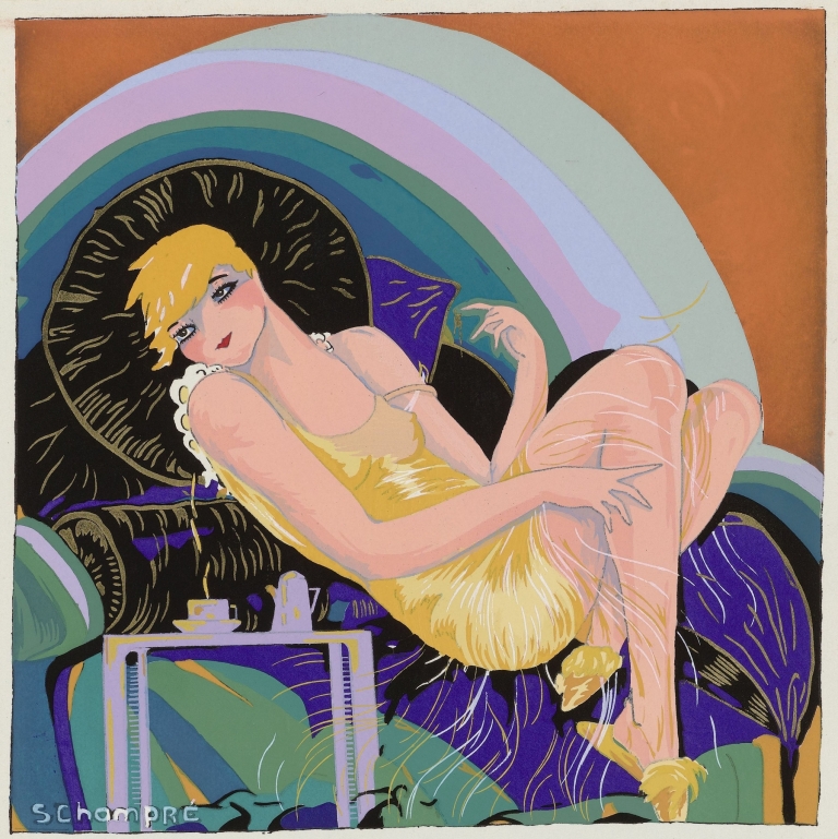 Woman lying on a couch by S. Chompré