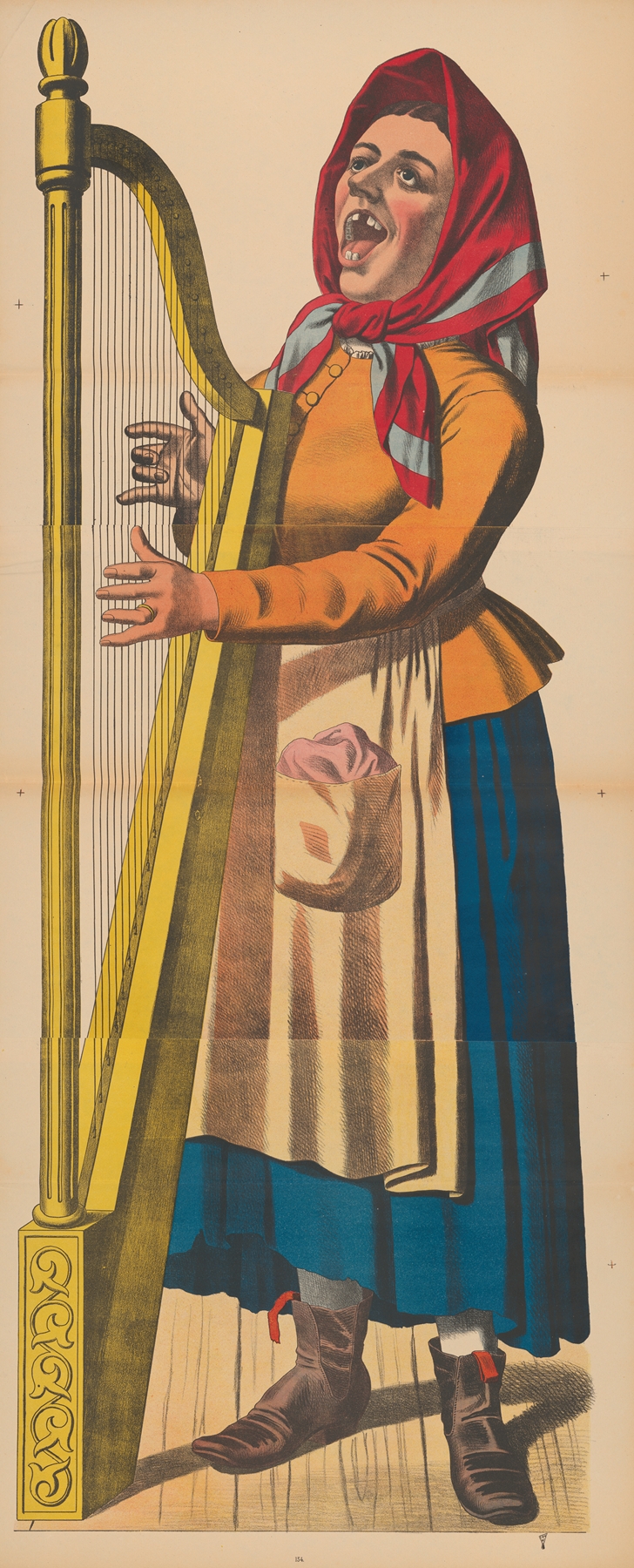 Woman playing harp and singing with mouth wide open and several teeth missing by René Ackermann