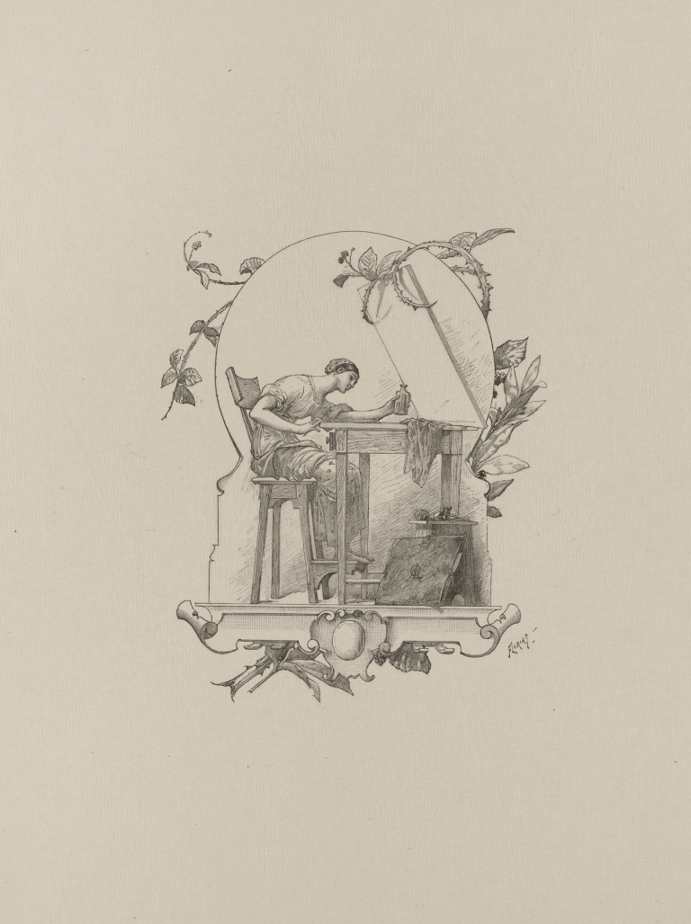 Woman seated at artist’s table by Frederick Florian