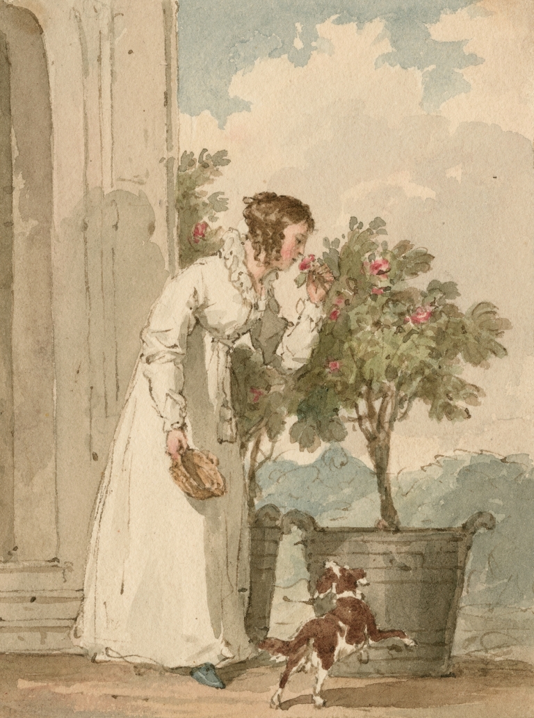 Woman smelling a rose by John Augustus Atkinson