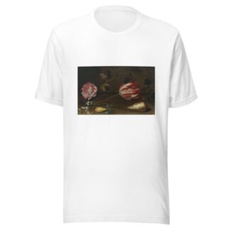 A rose, a tulip, insects, and a shell on a ledge by Balthasar van der Ast T-Shirt