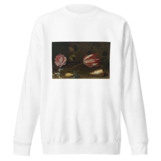 A rose, a tulip, insects, and a shell on a ledge by Balthasar van der Ast Sweatshirt