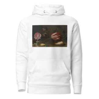 A rose, a tulip, insects, and a shell on a ledge by Balthasar van der Ast Hoodie