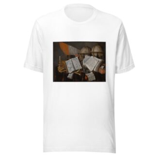 A Vanitas Still Life with a Flag, Candlestick, Musical Instruments, Books, Writing Paraphernalia, Globes and Hourglass by Edwaert Collier T-Shirt