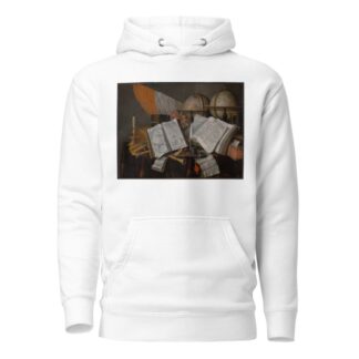 A Vanitas Still Life with a Flag, Candlestick, Musical Instruments, Books, Writing Paraphernalia, Globes and Hourglass by Edwaert Collier Hoodie