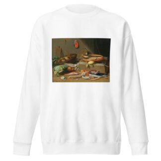 A kitchen still life with fish, vegetables and a cat by Pseudo Jan van Kessel II Sweatshirt
