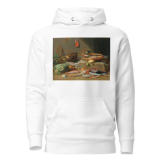 A kitchen still life with fish, vegetables and a cat by Pseudo Jan van Kessel II Hoodie