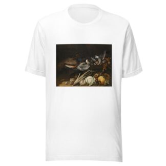 A Still Life Of Song Birds, A Peacock And Rabbits On A Ledge With A Pumpkin, A Cabbage, A Cauliflower, Celery, Mushrooms And Grapes by Flemish School T-Shirt