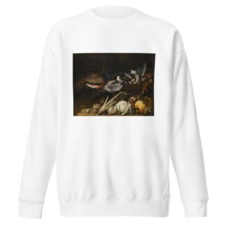 A Still Life Of Song Birds, A Peacock And Rabbits On A Ledge With A Pumpkin, A Cabbage, A Cauliflower, Celery, Mushrooms And Grapes by Flemish School Sweatshirt
