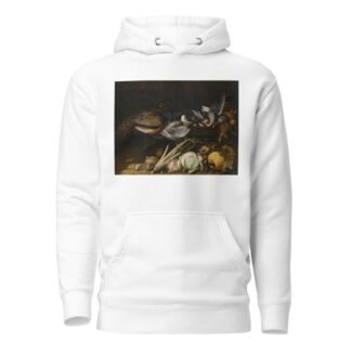 A Still Life Of Song Birds, A Peacock And Rabbits On A Ledge With A Pumpkin, A Cabbage, A Cauliflower, Celery, Mushrooms And Grapes by Flemish School Hoodie