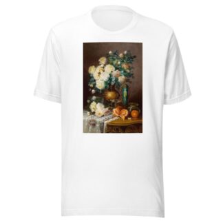 White Roses, Oranges, and Porcelain Urn on Draped Table by Max Carlier T-Shirt