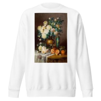 White Roses, Oranges, and Porcelain Urn on Draped Table by Max Carlier Sweatshirt