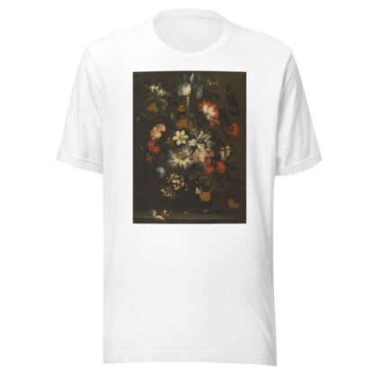 An iris, carnations, roses and other flowers in a glass vase on a ledge with butterflies by Jan Pieter Brueghel T-Shirt