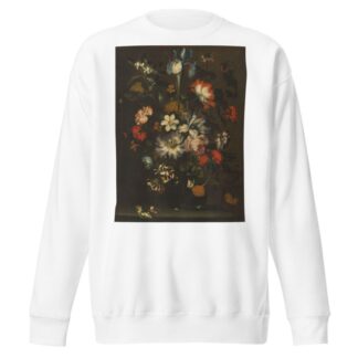 An iris, carnations, roses and other flowers in a glass vase on a ledge with butterflies by Jan Pieter Brueghel Sweatshirt