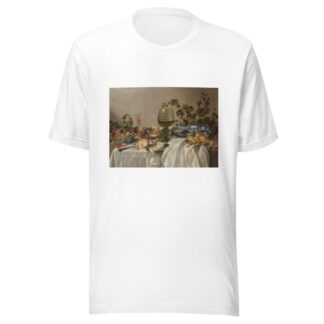 Ontbijt of silver and glassware on a draped table, with vines, fruits and baked goods by Pieter Claesz T-Shirt