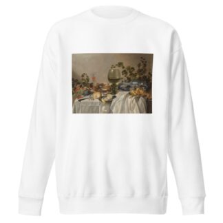 Ontbijt of silver and glassware on a draped table, with vines, fruits and baked goods by Pieter Claesz Sweatshirt